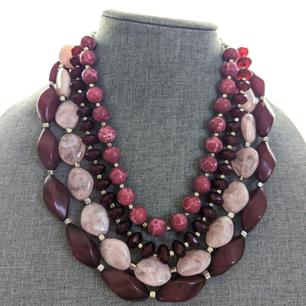 Purple Multi Strand Beaded Layered Marbled Acrylic Statement Collar Necklace